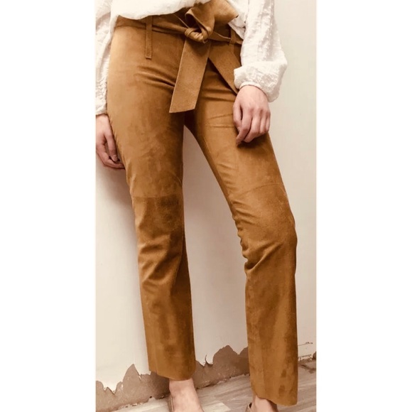 BCBGMaxAzria Pants - BCBG Tan Suede Straight Leg Trouser Sash Belt sz 4
